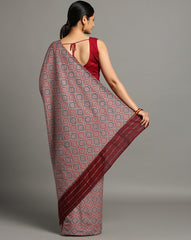 ArtEastri Maroon Red Ajrak Print Khesh Cotton Saree with Blouse piece