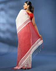 ArtEastri White Red Silk cotton Saree with Blouse piece