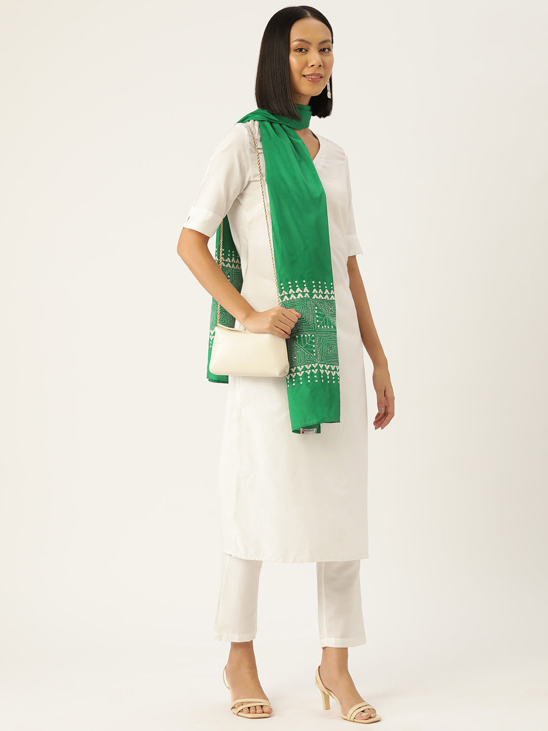 Green & White Kantha Silk Stole