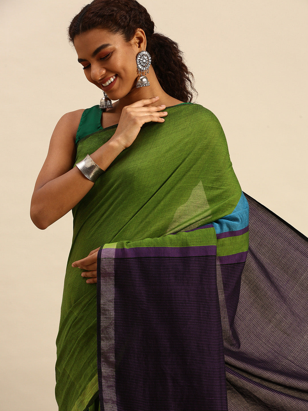 Colour block Cotton Saree with pompoms