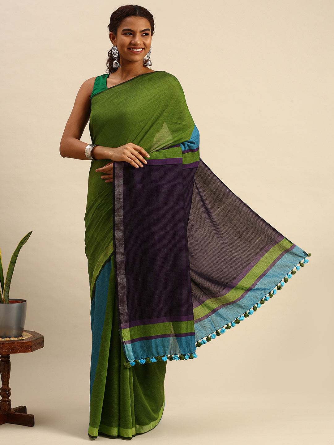 Colour block Cotton Saree with pompoms