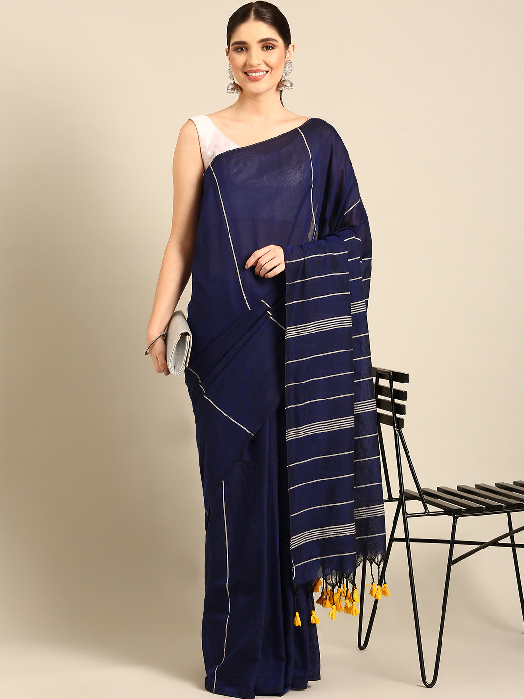 Navy Blue Handcrafted  Cotton Saree with Pompoms