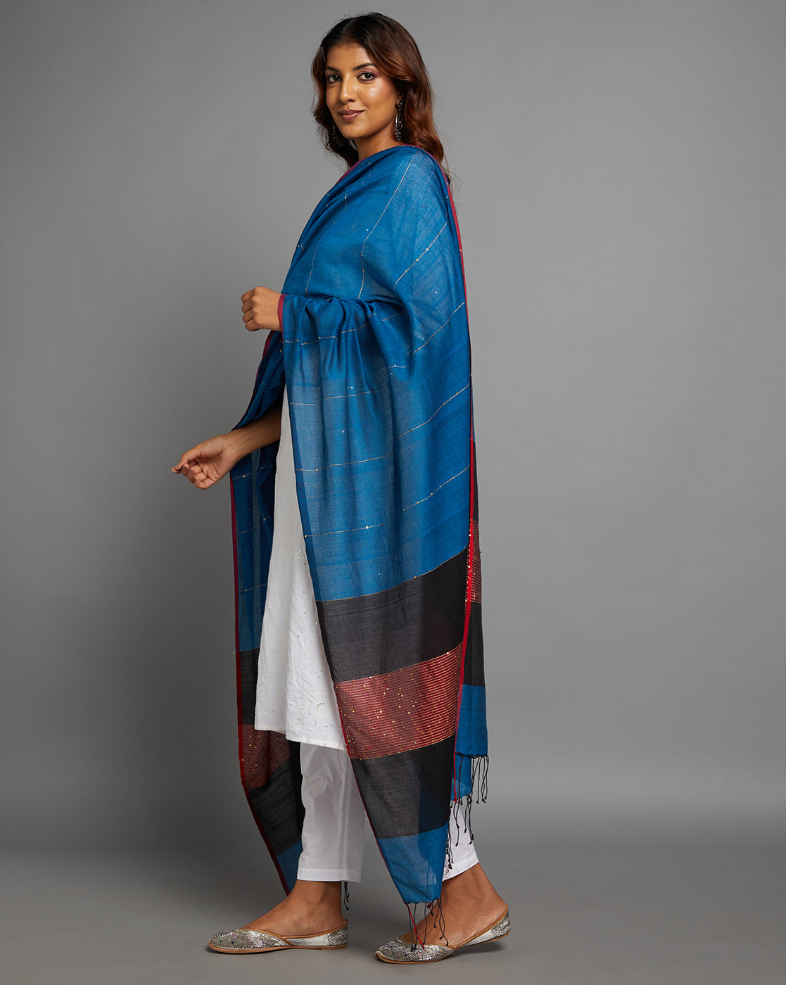 Blue Colourblock Handloom Woven Sequins Cotton Dupatta