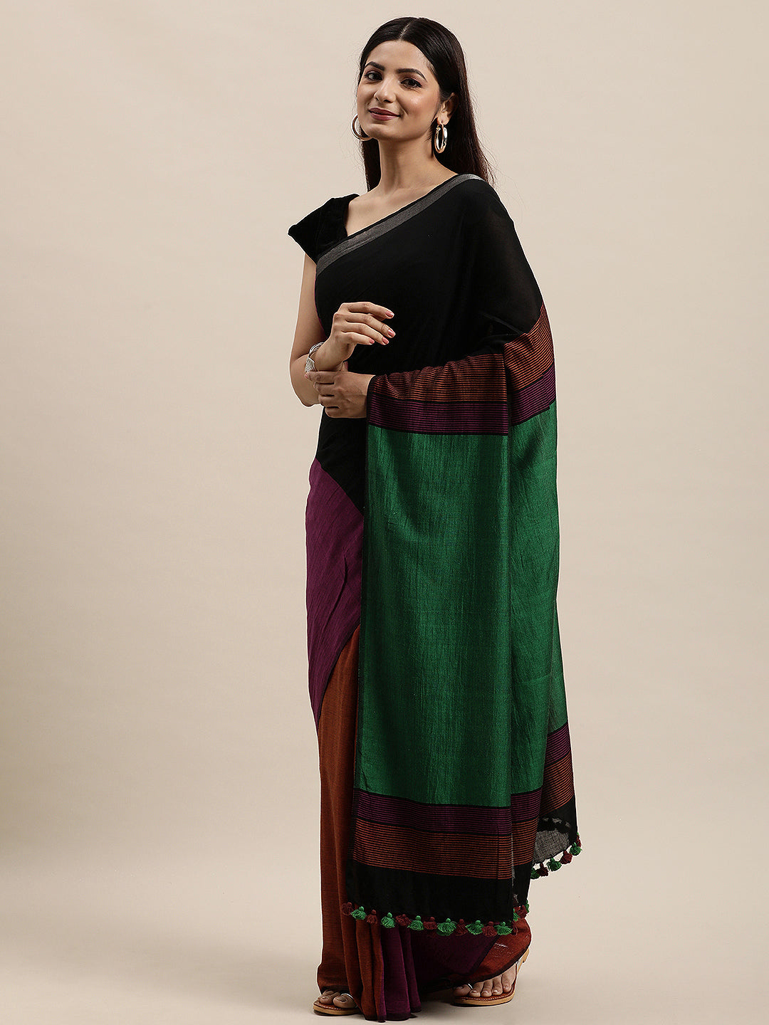 Colour block Cotton Saree with pompoms