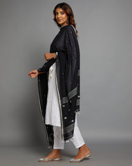 Black & White Handloom Jamdani Cotton Dupatta with Pompoms