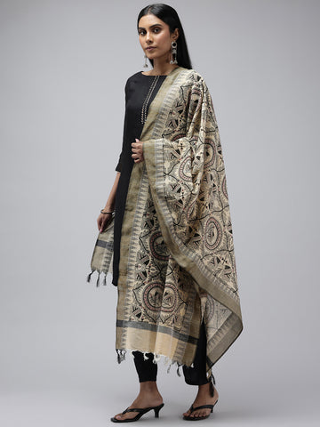 Black & Red Madhubani Jacquard Cotton Print Dupatta
