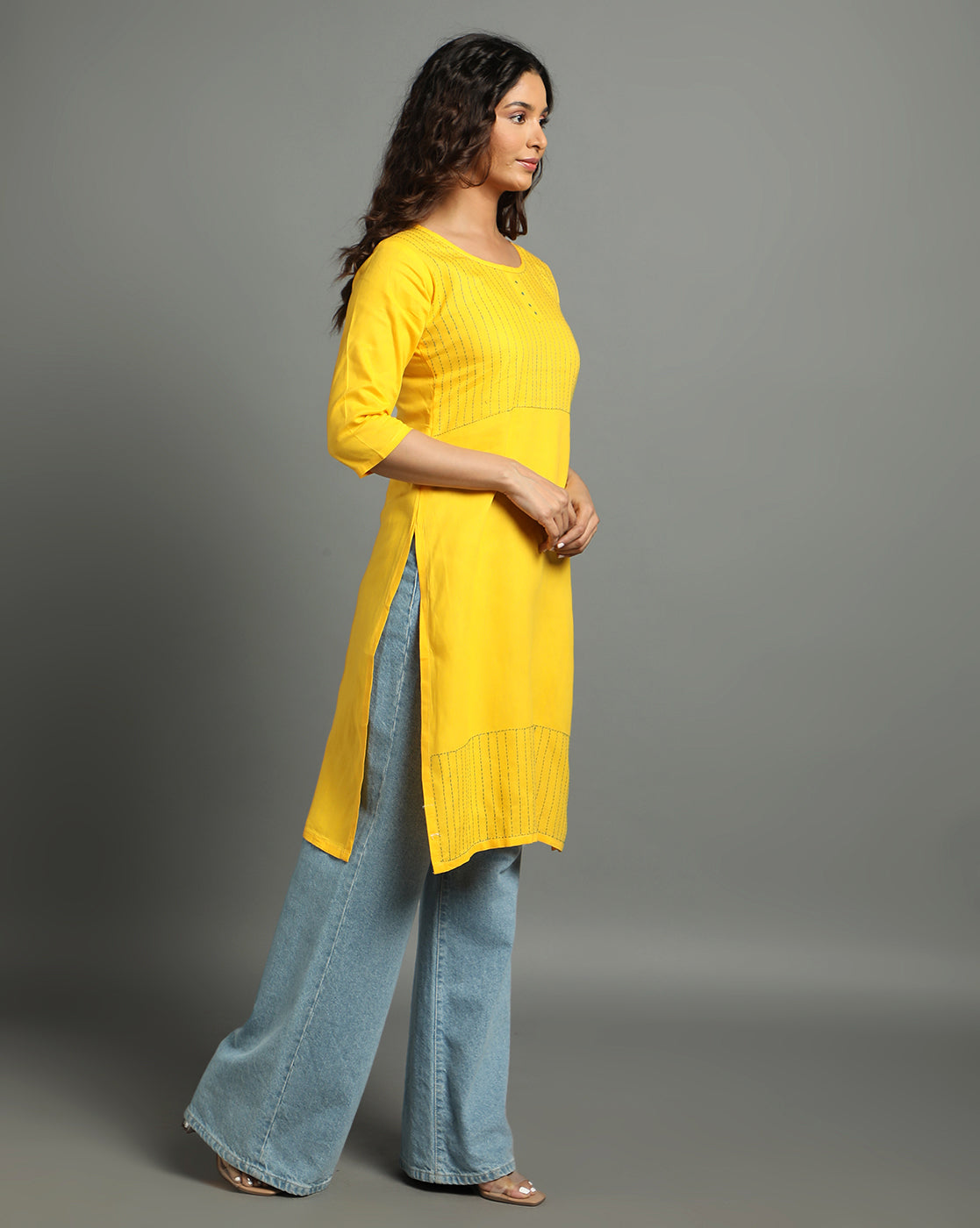 Yellow Kantha Cotton Kurta