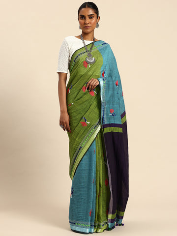 Parrot Green & Blue Colour block Cotton Kantha Stitch Saree with pompoms