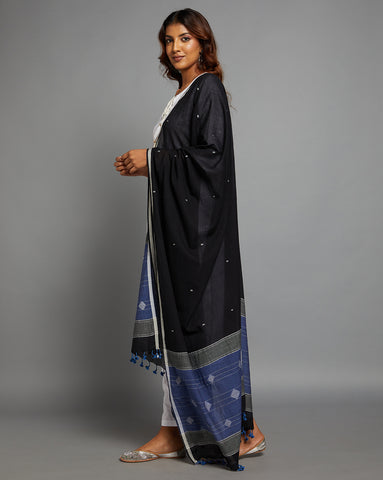 Black Blue Handloom Jamdani Cotton Dupatta with Pompoms