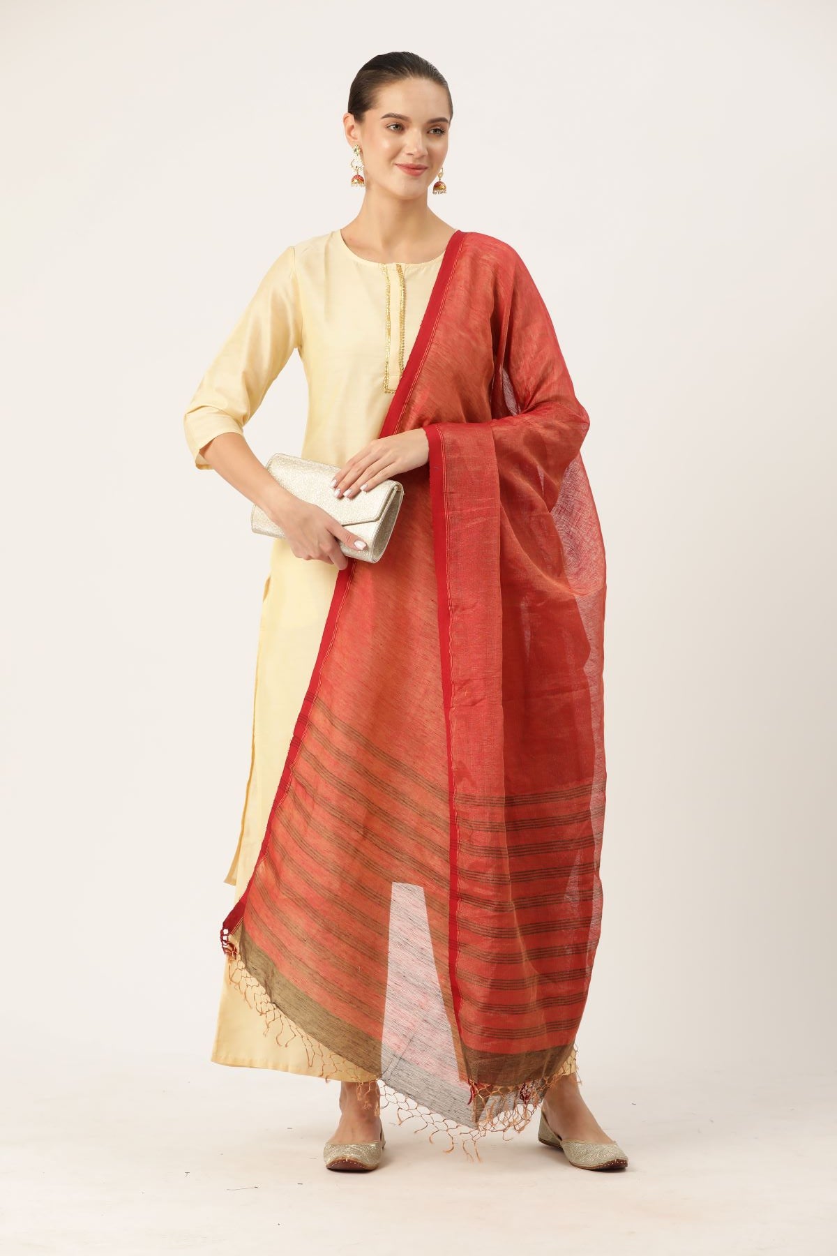 Stunning Handloom Brown & Copper Silk Zari Striped Dupatta