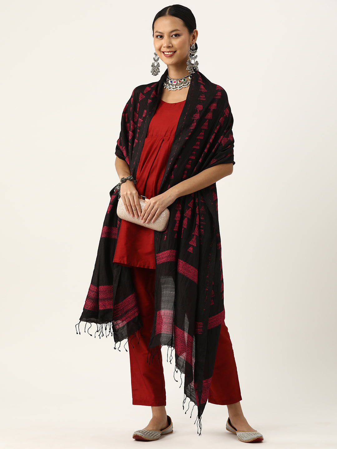 Black & Red Shibori Silk Dupatta