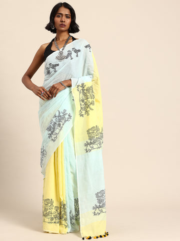 ArtEastri Handloom Sky Blue & Yellow Cotton Bird Print Saree