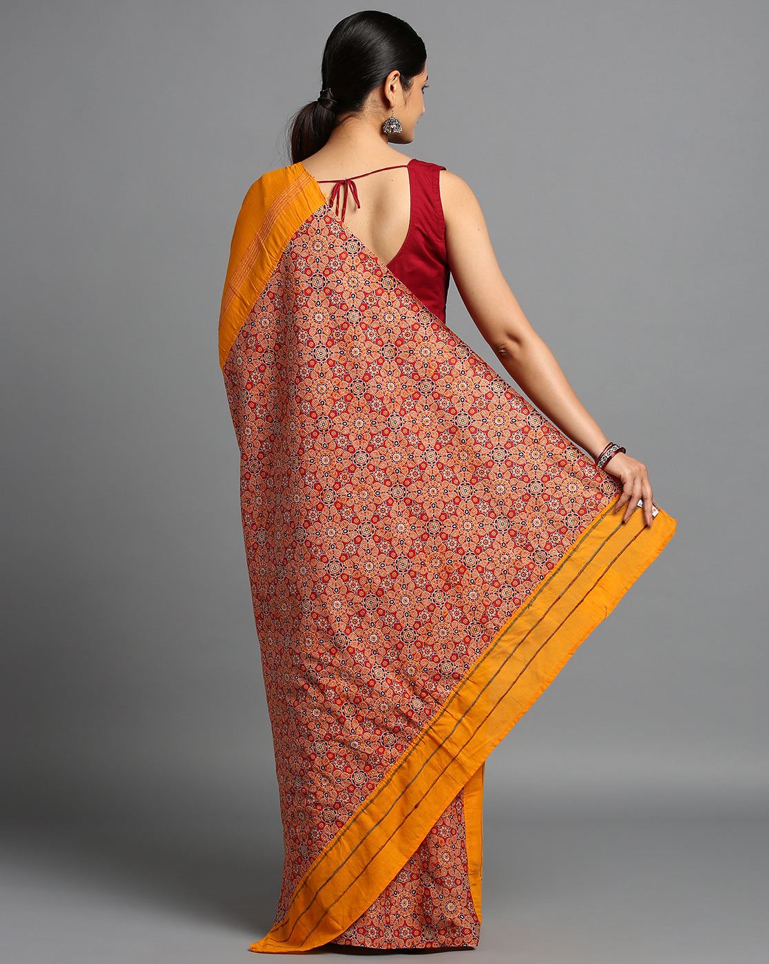 ArtEastri Yellow Red Ajrak Print Khesh Cotton Saree with Blouse piece