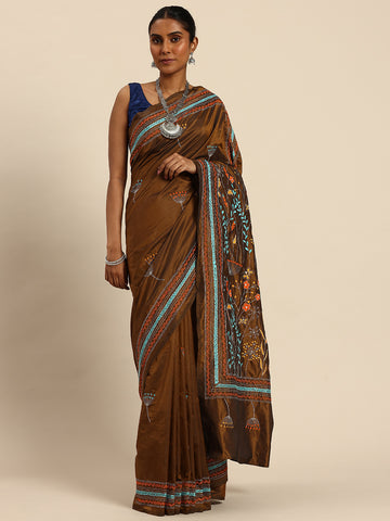 ArtEastri Dark Brown Mocha Art Silk Kantha Stitch Saree with Blouse Piece