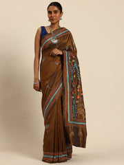 ArtEastri Dark Brown Mocha Art Silk Kantha Stitch Saree with Blouse Piece