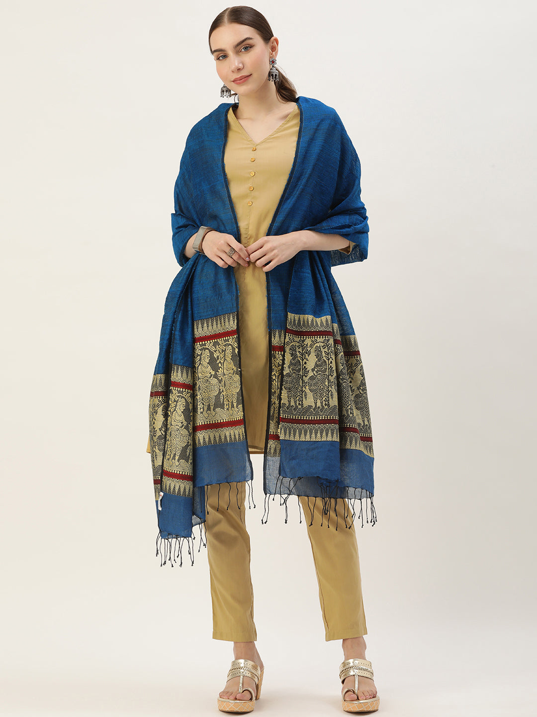 Blue Yellow Handwoven Matka Silk Cotton Baluchari Dupatta