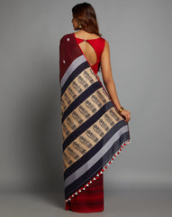 Red Black Handloom Cotton Baluchari Saree