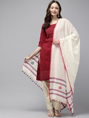 Cream  Handloom Jamdani Cotton Dupatta with Pompoms