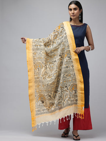 Pure Cotton Madhubani Print Dupatta- Krishna Palki