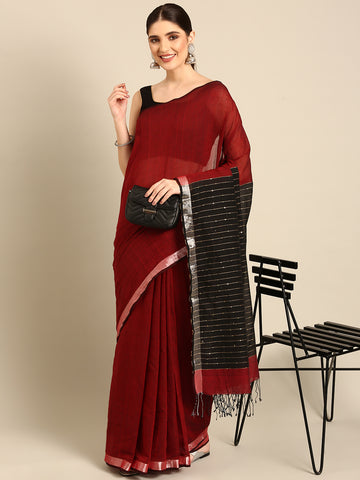 Red Black Sequins Cotton Handloom Saree