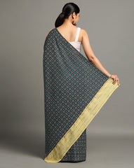 ArtEastri Yellow Green Ajrak Print Khesh Saree with Blouse piece