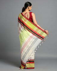 ArtEastri White Green Red Cotton Saree with Blouse piece