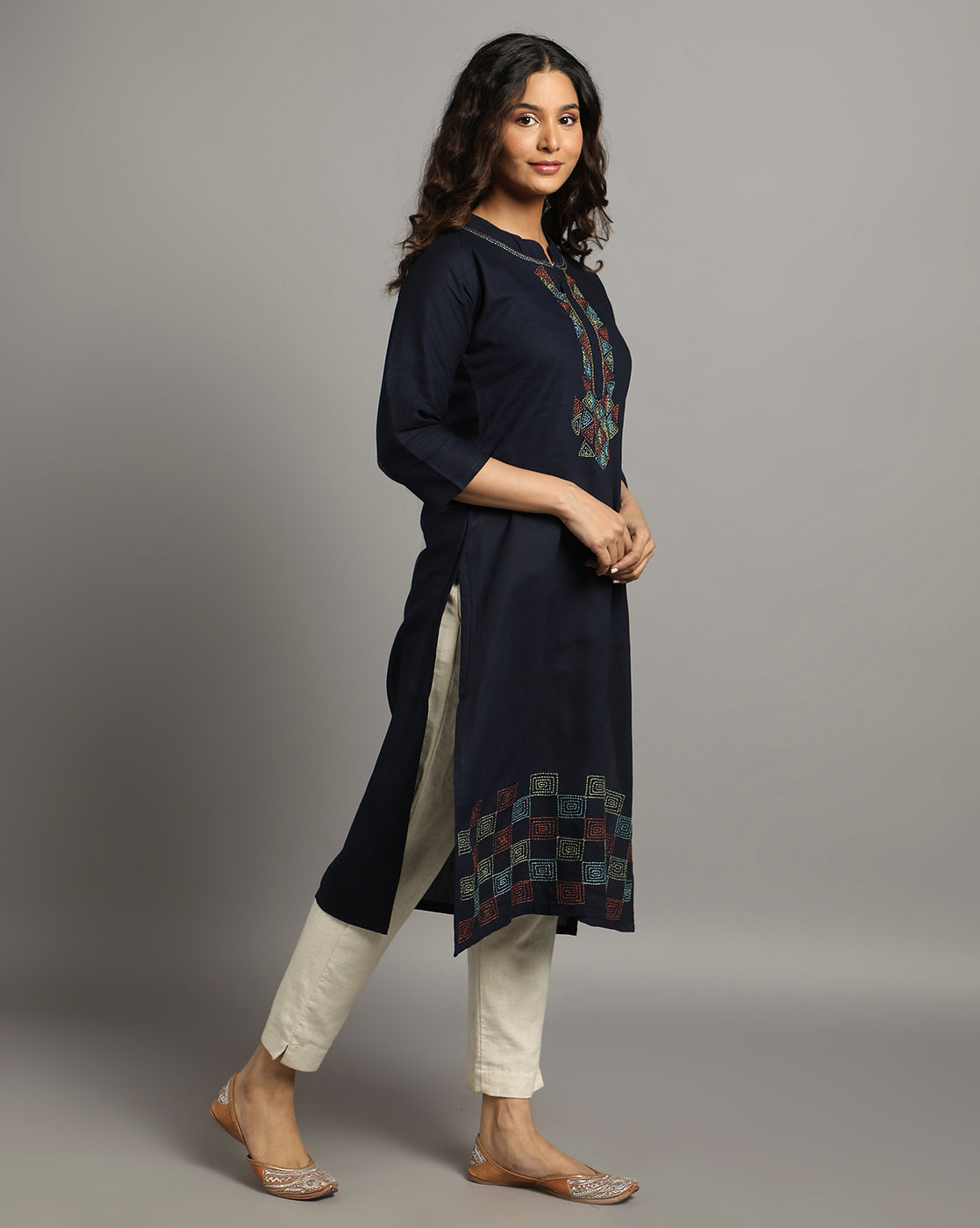 Navy Kantha Cotton Kurta