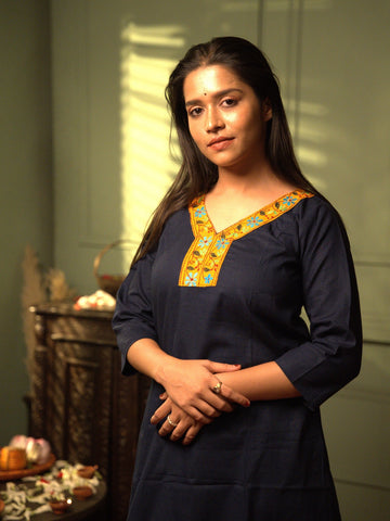 Dark Blue Kantha Cotton Kurta
