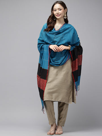 Blue Colourblock Handloom Woven Sequins Cotton Dupatta