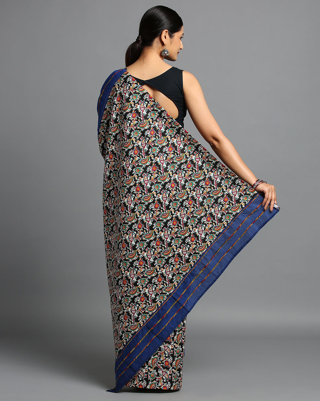 ArtEastri Dark Blue Ajrak Print Khesh Saree with Blouse piece