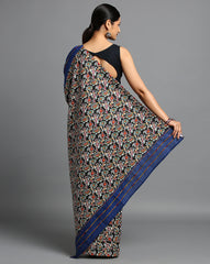 ArtEastri Dark Blue Ajrak Print Khesh Saree with Blouse piece