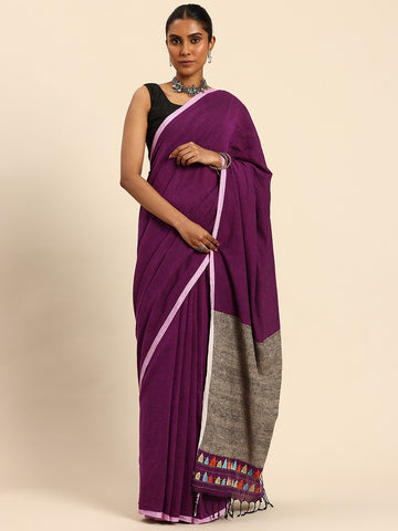 ArtEastri Handloom Purple Ghicha Pallu Kantha Stitch Saree with Blouse piece