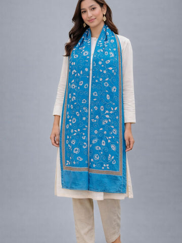 Blue white Floral Cotton Kantha Stitch Stole
