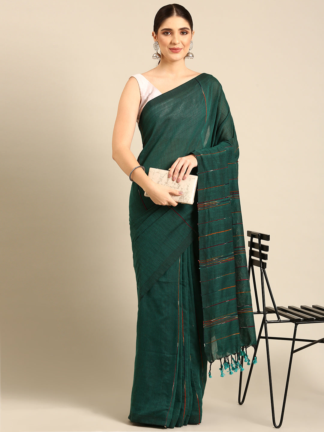 Green Handcrafted Cotton Saree with Pompoms