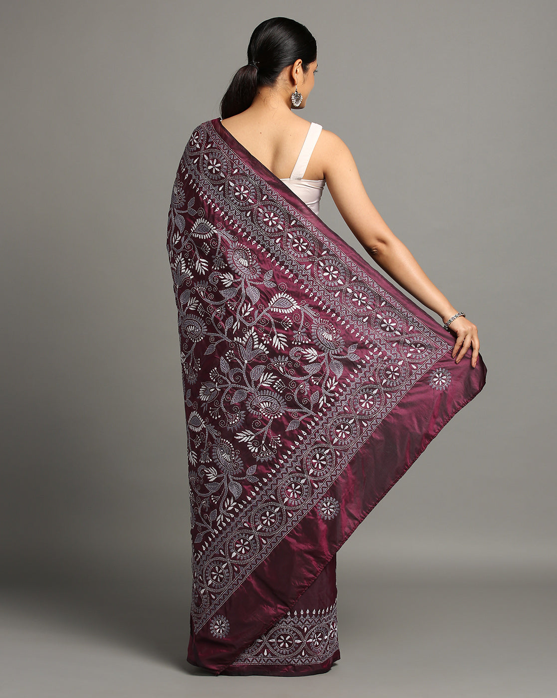 ArtEastri Maroon Grey Silk Kantha Saree with Blouse piece