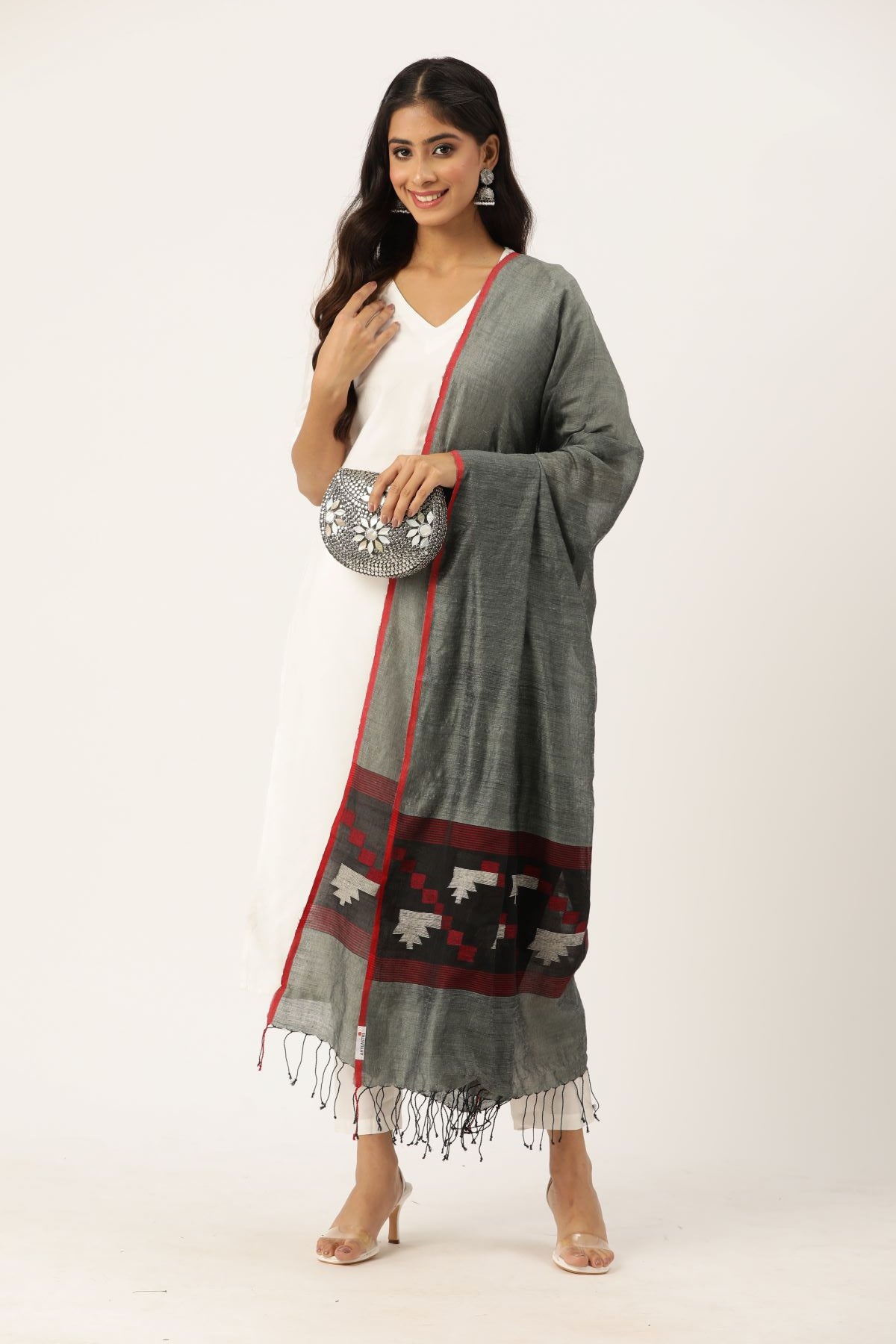 Stunning Handloom Grey & Black Silk Cotton  Jamdani Dupatta