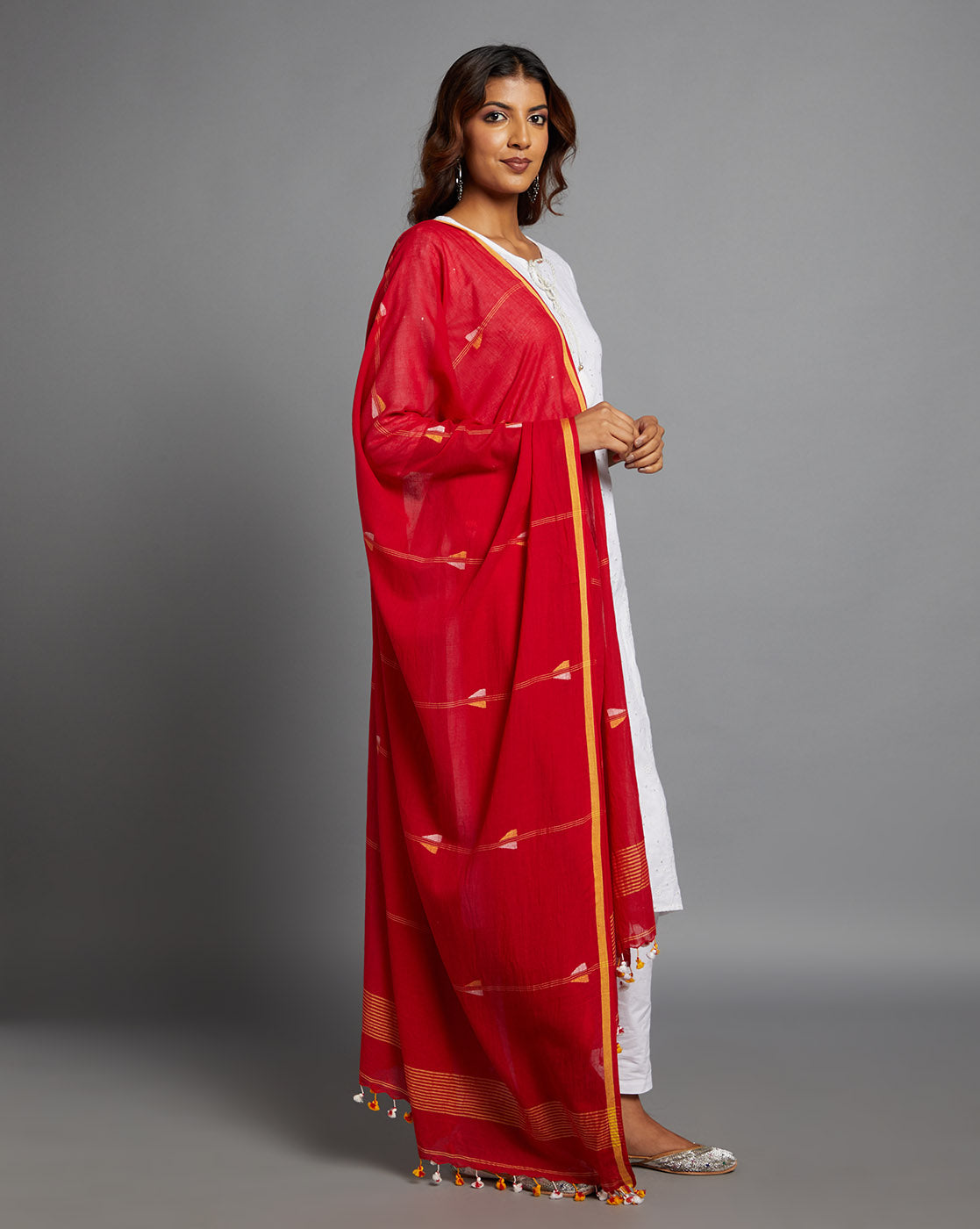 Red Handloom Jamdani Cotton Dupatta with Pompoms