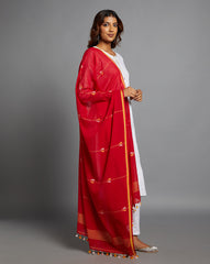 Red Handloom Jamdani Cotton Dupatta with Pompoms