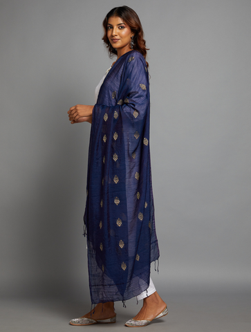 Navy Zari  Woven Jacquard Cotton Dupatta