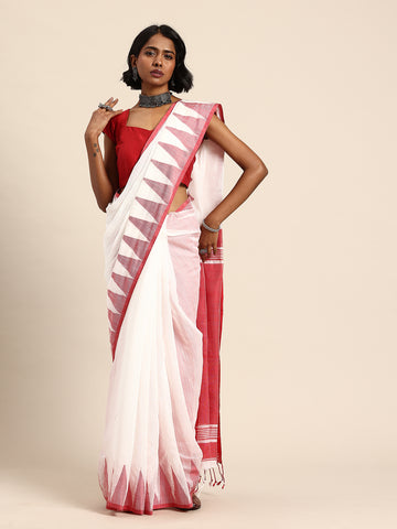ArtEastri White Red Silk cotton Saree with Blouse piece
