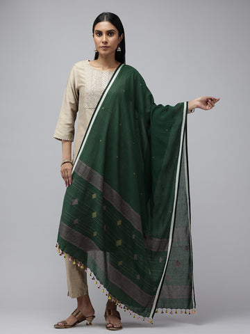 Bottle Green Mul cotton Jamdani Dupatta