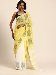 Cream Yellow Handblock print Cotton saree