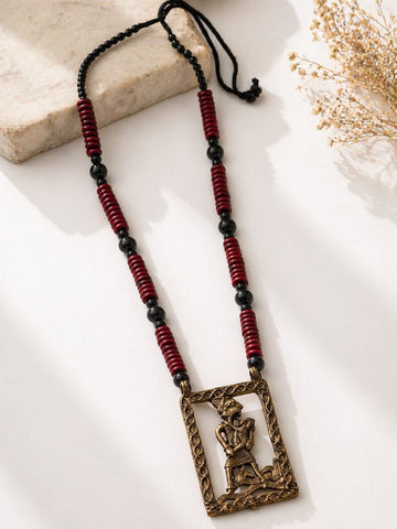 Handmade Dokra Mother Child Necklace on Wooden beads