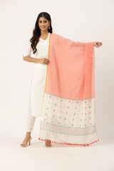 Coral pink & Cream Cotton Handloom Dupatta with tassels- NEW!