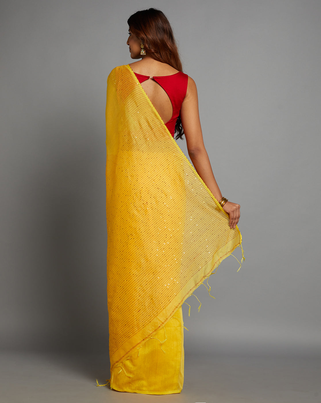 Yellow Sequins Silk Cotton Saree with Blouse Piece