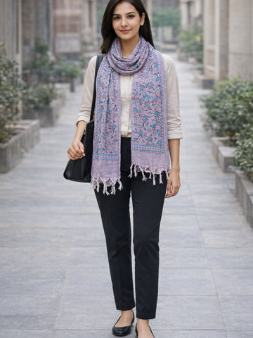 Mauve Floral Cotton Kantha Stitch Stole