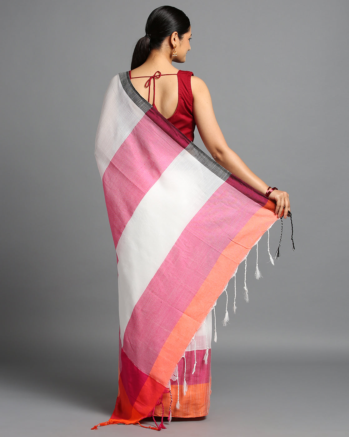 ArtEastri White Magenta Orange Colorblock Woven Cotton Saree with Blouse piece