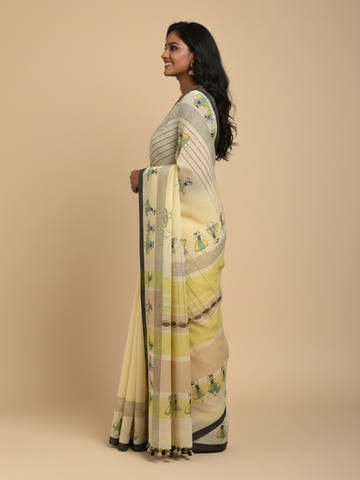 Yellow Handloom Cotton Kantha Stitch Saree with pompoms