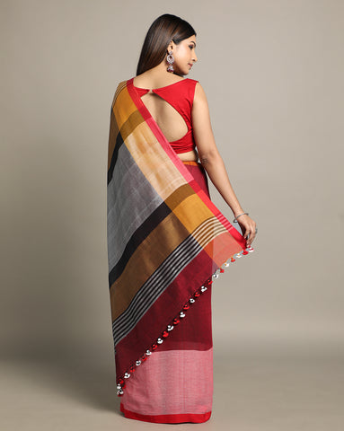 Handloom Colour block Cotton Saree with pompoms