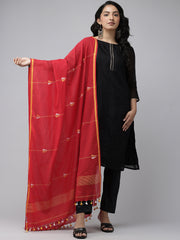 Red Handloom Jamdani Cotton Dupatta with Pompoms
